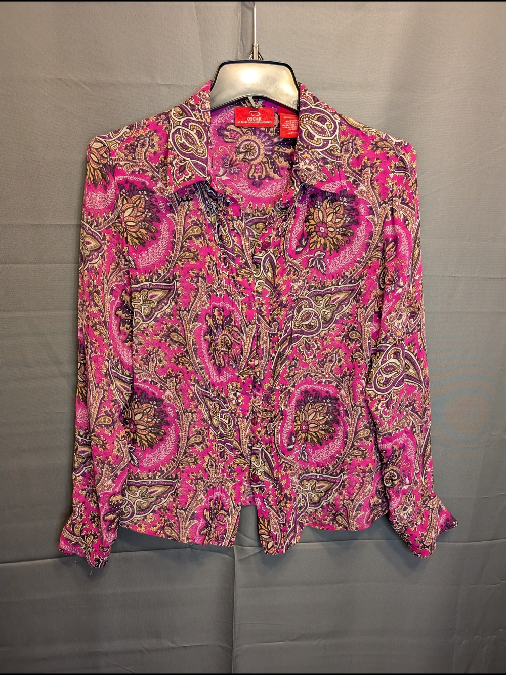 Oscar de la Renta 100% Silk Hot Pink Paisley Button-Front Blouse .. B
